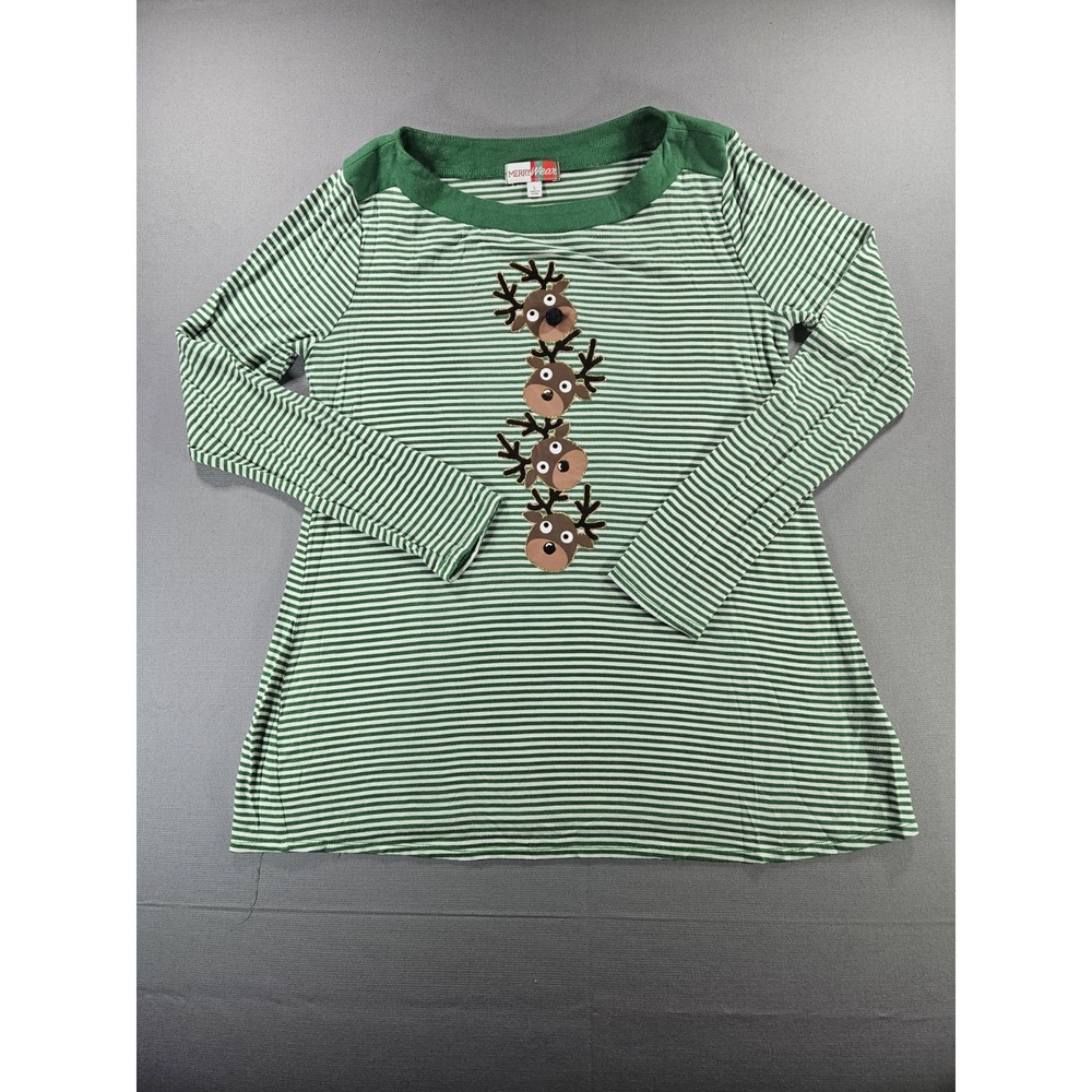 MERRYwear Christmas Reindeer Shirt Large Green White Striped Long Sleeve Holiday